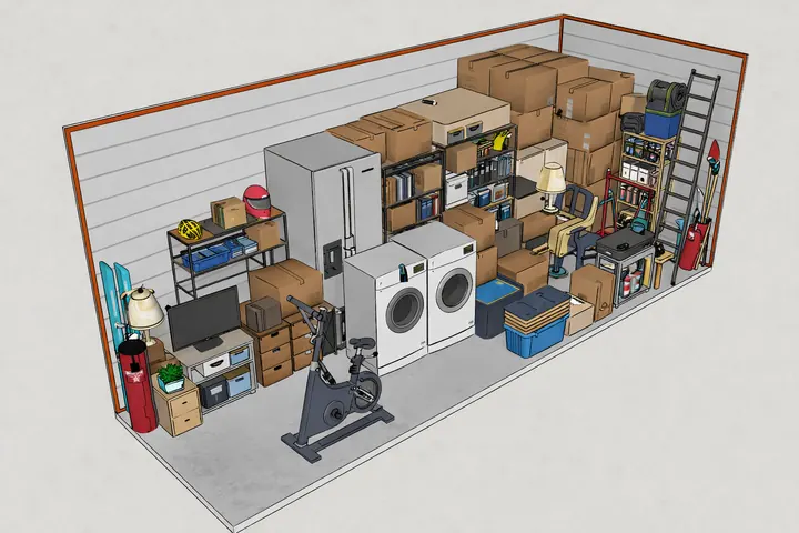 Illustration of a 10x20 storage unit holding a fridge, washer and dryer, shelving, boxes and an exercise bike