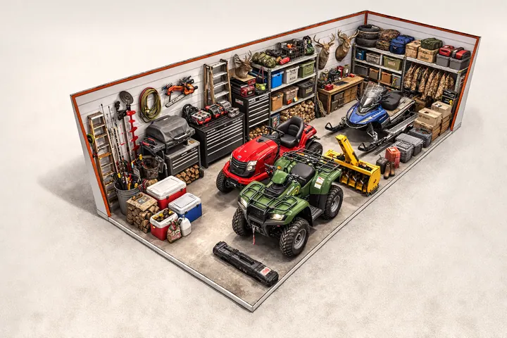 Illustration of a 10x20 storage unit holding an ATV, a riding mower, a snowblower, tools and shelving