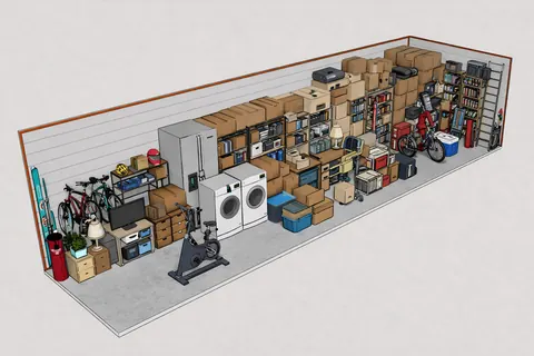 Illustration of a 10x30 storage unit holding household furniture, appliances, bikes, shelving and stacked boxes