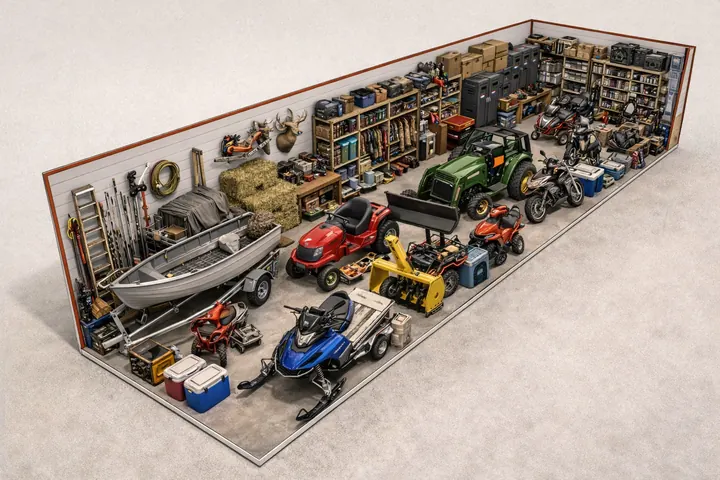 Illustration of a 10x30 storage unit holding a boat on a trailer, a snowmobile, a riding mower, a snowblower and tools