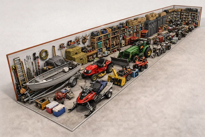 Illustration of a 10x40 storage unit holding a boat on a trailer, snowmobiles, ATVs, a riding mower and tools